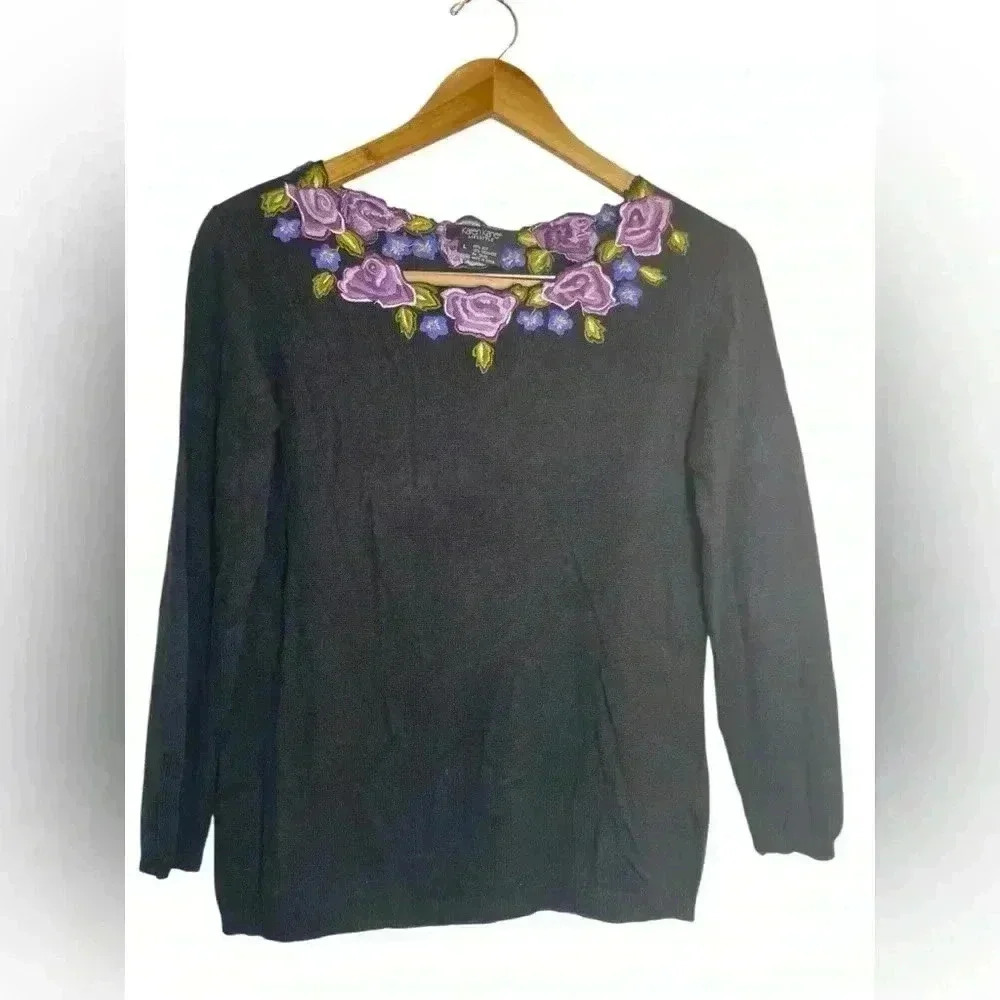 Karen Kane Vintage Silk Cashmere Embroidered Floral Pullover Sweater Large